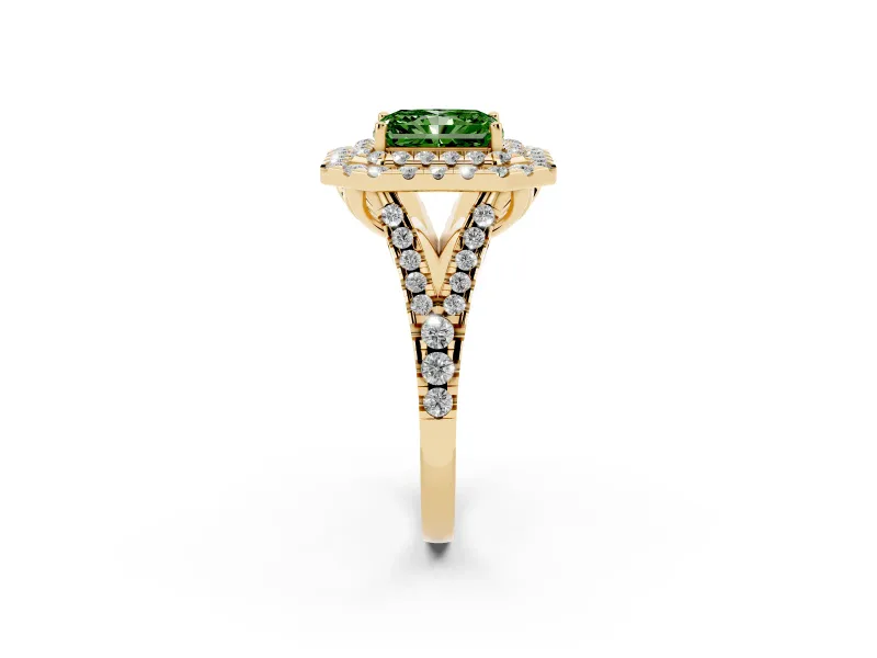 Radiant Cut Halo Split Shank Engagement Ring Setting for a Fancy Green Lab-Grown Diamond | Yellow Gold