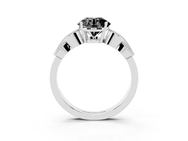 Fancy Black Round Cut Diamond Milgrain Leaf Band Solitaire Ring Set in Silver with Accent Stones and Prong Setting