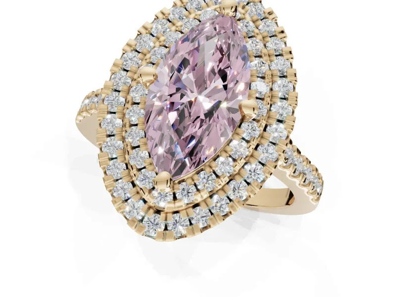 Marquise Double Halo Engagement Ring Setting for a Fancy Pink Lab-Grown Diamond | Pave Shoulders | Yellow Gold