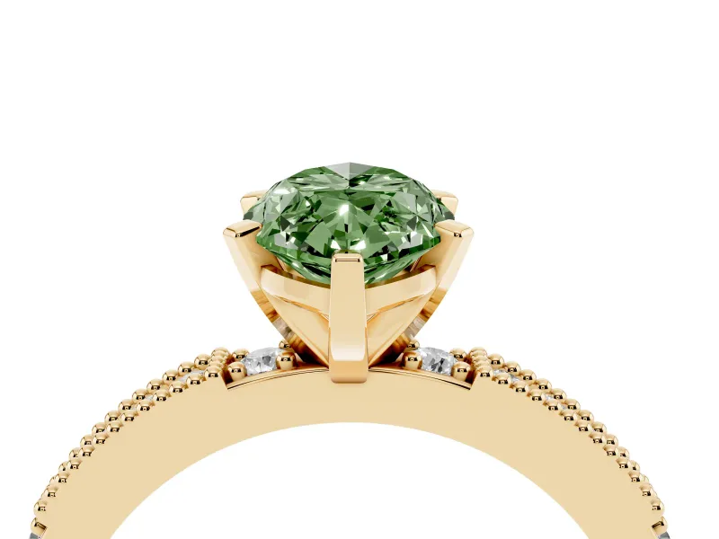 Fancy Green Marquise Cut Diamond Solitaire Ring Set in Yellow gold with Slim Pavé Band and Prong Setting