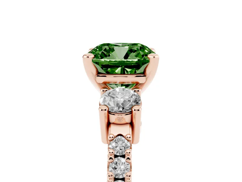 Fancy Green Three-Stone Cushion Cut Diamond Pavé Band Ring Set in Rose gold with Prong Setting