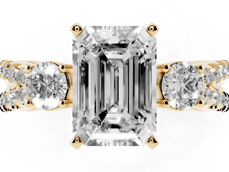 Emerald Cut Three Stone Engagement Ring Setting | Pavé Split Shank | Yellow Gold