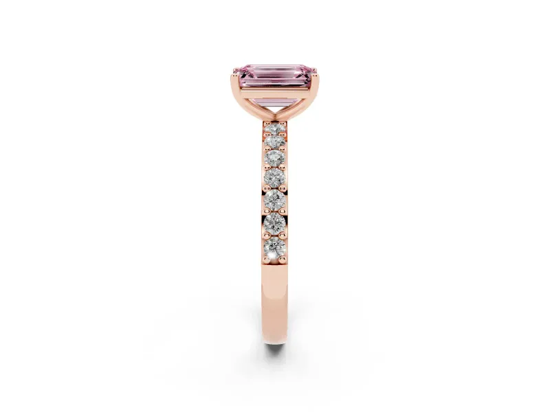 Fancy Pink Emerald Cut Diamond Solitaire Set in Rose gold with Round Pavé Band and Prong Setting