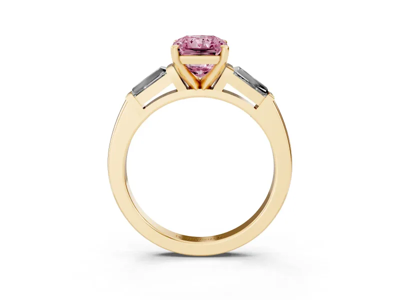 Fancy Pink Radiant Cut Diamond Solitaire Ring Set in Yellow gold with Tapered Baguette Side Stones and Prong Setting