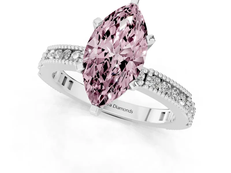 Fancy Pink Marquise Cut Diamond Solitaire Ring Set in White gold with Slim Pavé Band and Prong Setting