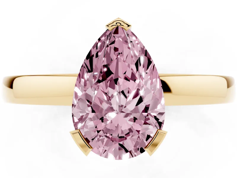 Fancy Pink Pear Cut Diamond Solitaire Ring Set in Yellow gold with Prong Head and Smooth Polished Band