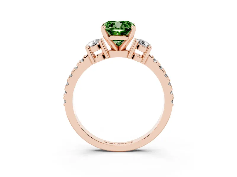 Fancy Green Three-Stone Cushion Cut Diamond Pavé Band Ring Set in Rose gold with Prong Setting