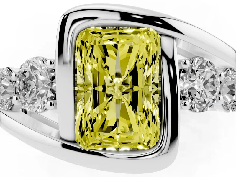 Fancy Yellow Radiant Cut Diamond Bezel Bypass Ring Set in Silver with Round Accents