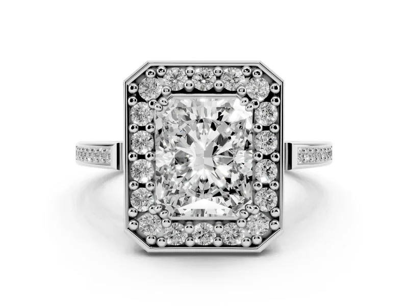 Radiant Cut Diamond Halo Ring Set in White gold with Accent-Lined Split Shank and Prong Setting