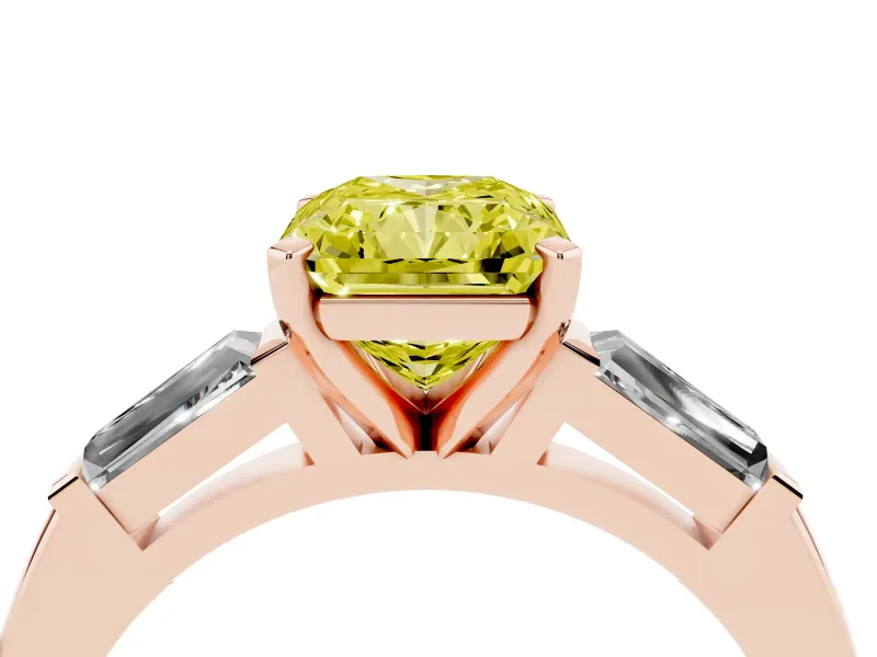 Fancy Yellow Radiant Cut Diamond Solitaire Ring Set in Rose gold with Tapered Baguette Side Stones and Prong Setting