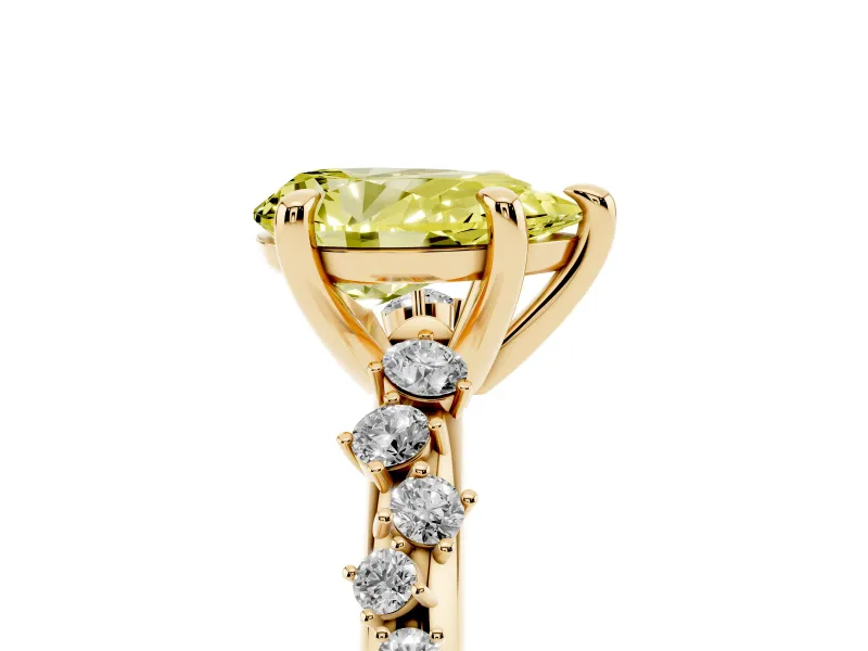 Fancy Yellow Pear Cut Diamond Solitaire Vine Band Ring Set in Yellow gold with Round Accents and Prong Setting