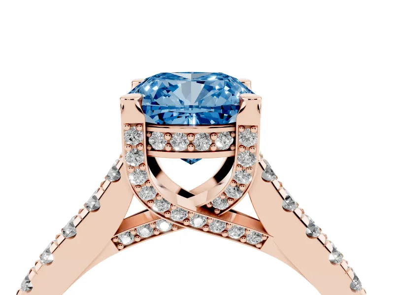 Cushion Cut Hidden Halo Pave Engagement Ring Setting for a Fancy Blue Lab-Grown Diamond | Claw Prongs | Rose Gold