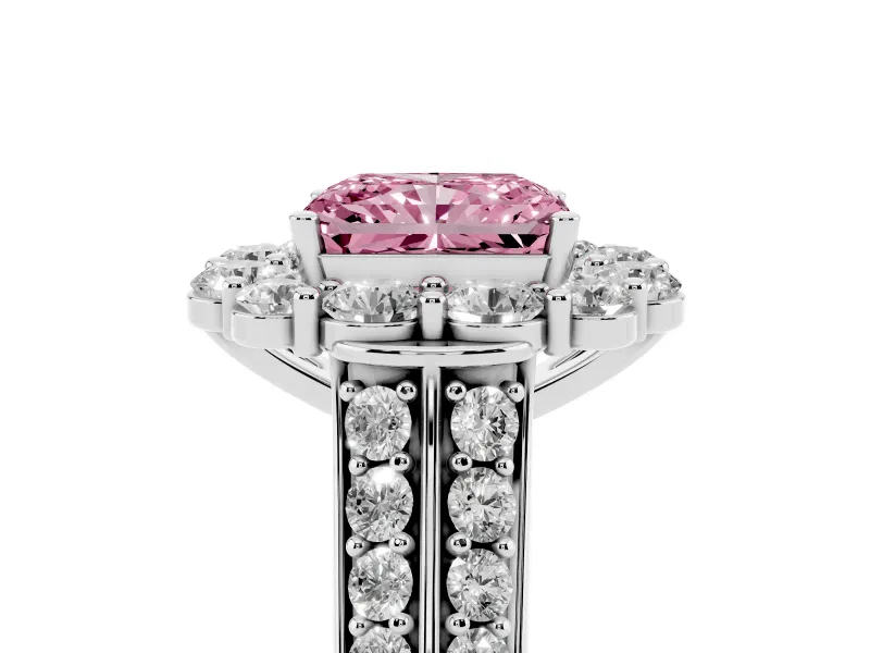 Fancy Pink Radiant Cut Diamond Halo Engagement Ring Set in White gold with Split Shank and Prong Setting