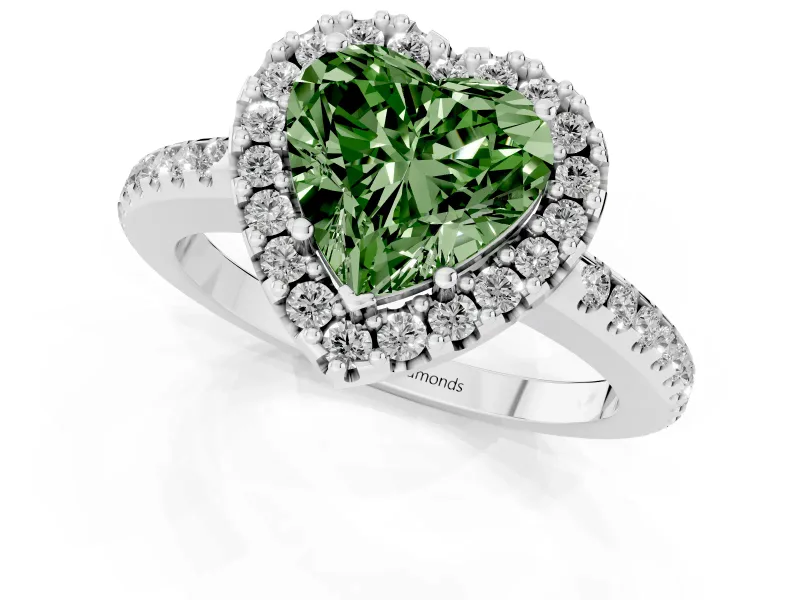 Heart-Shaped Pave Halo Engagement Ring Setting for a Fancy Green Lab-Grown Diamond | Pave Band | Sterling Silver