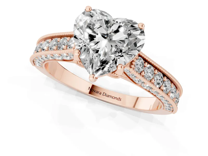 Heart-Shaped Vintage Hidden Halo Engagement Ring Setting | Milgrain Pave Band | Rose Gold