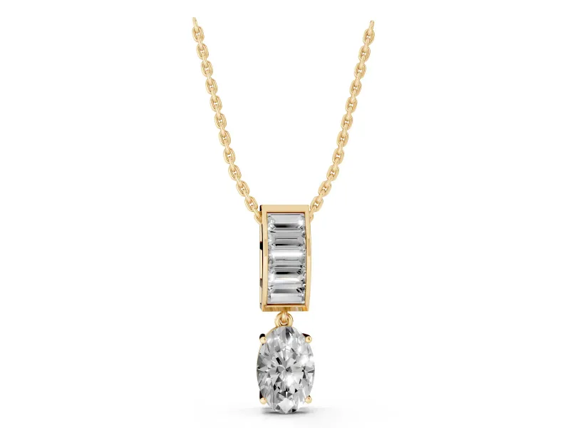 Oval and Baguette Lab-Grown Diamond Drop Pendant Necklace | Channel-Set Bail | Yellow Gold