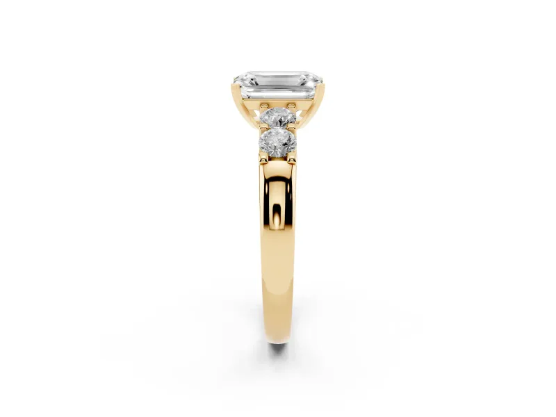 Emerald Cut Five Stone Engagement Ring Setting | Prong-Set Side Stones | Yellow Gold