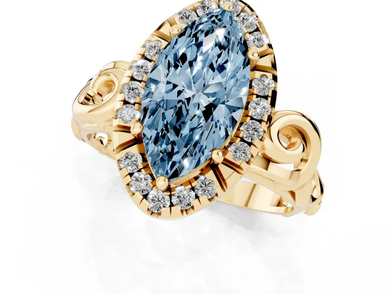 Fancy Blue Marquise Cut Diamond Halo Ring Set in Yellow gold with Scrollwork Band and Prong Setting