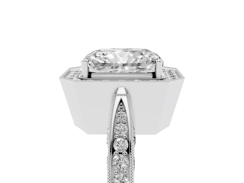 Radiant Cut Vintage Milgrain Halo Engagement Ring Setting | Side Stones and Pave | Platinum