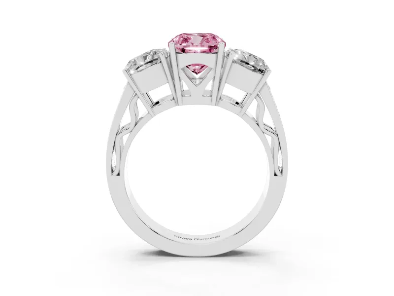 Fancy Pink Cushion Cut Diamond Three-Stone Ring Set in Silver with Textured Band