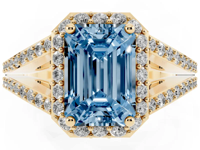 Emerald Cut Halo Engagement Ring Setting for a Fancy Blue Lab-Grown Diamond | V-Split Pavé Band | Yellow Gold