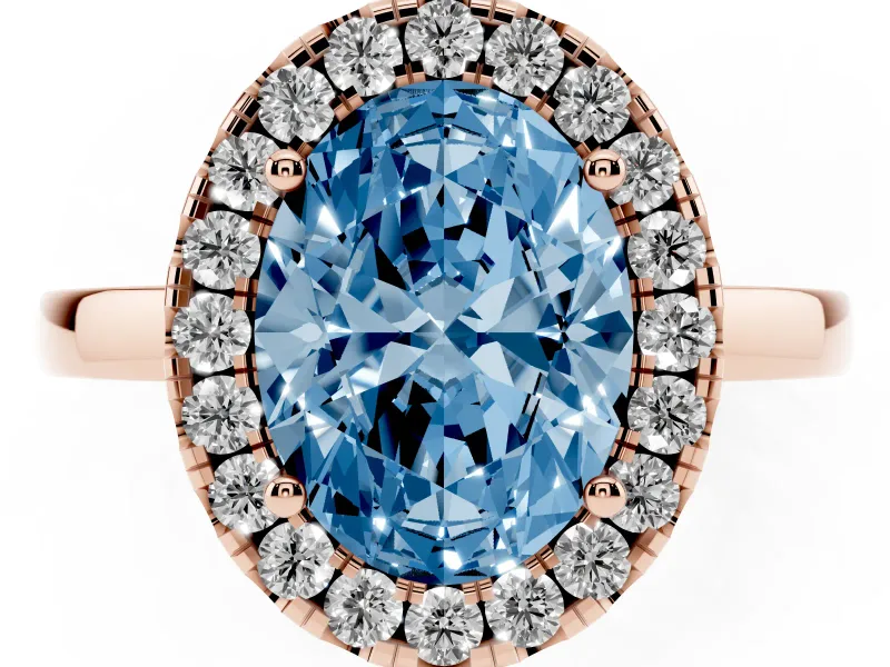 Fancy Blue Oval Cut Diamond Halo Solitaire Ring Set in Rose gold with Pavé Band and Prong Setting