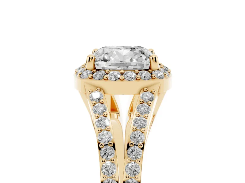 Cushion Cut Halo Engagement Ring Setting | V-Split Pavé Band | Yellow Gold