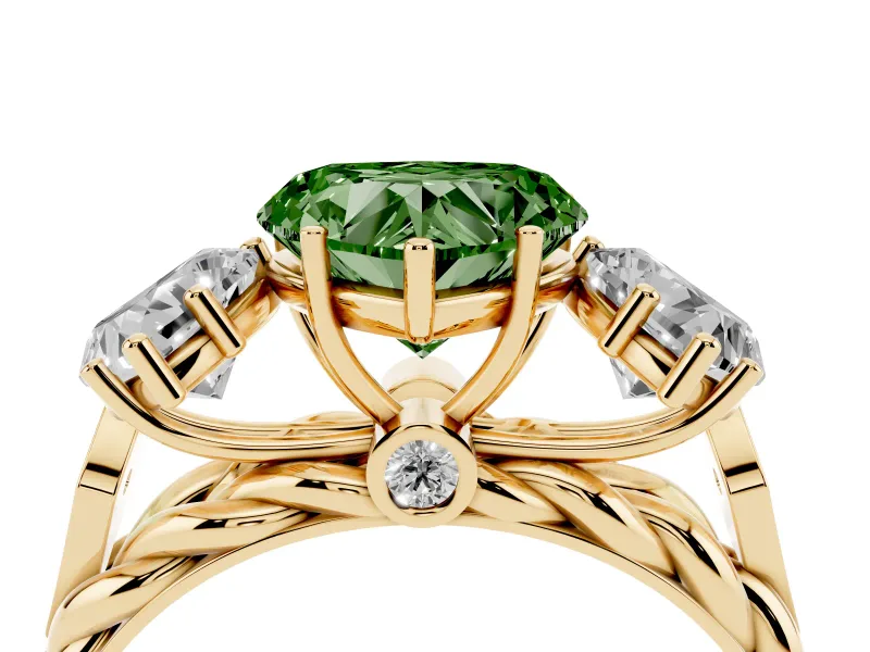 Heart-Shaped Three Stone Engagement Ring Setting for a Fancy Green Lab-Grown Diamond | Braided Band | Yellow Gold