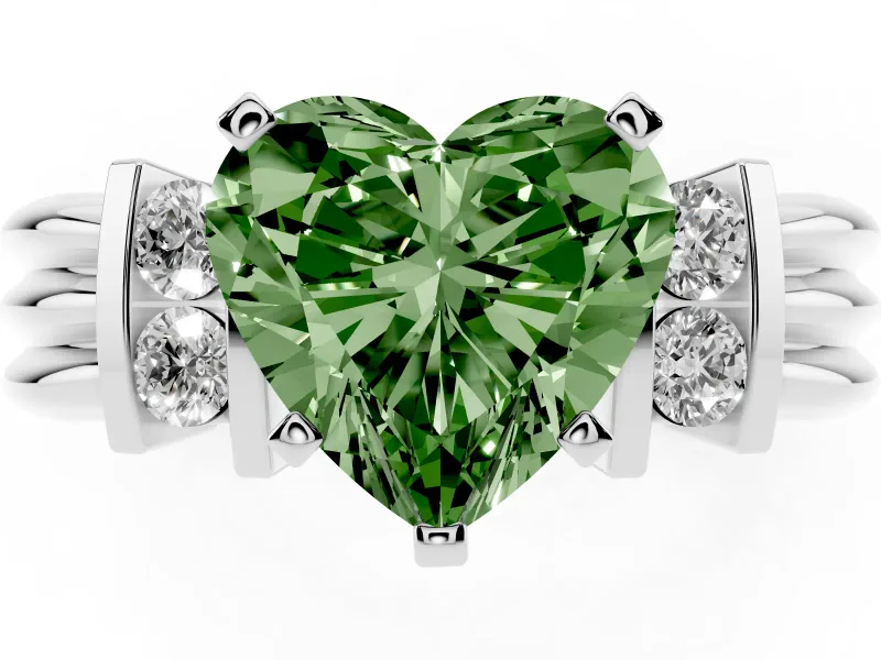 Fancy Green Three-Stone Heart Cut Diamond Channel Set Ring Set in White gold with Bar Prongs