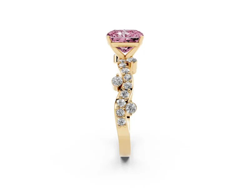 Fancy Pink Radiant Cut Diamond Solitaire Twisted Band Set in Yellow gold with Pavé Setting