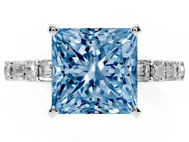 Fancy Blue Princess Cut Diamond Solitaire Set in Platinum with Side Baguettes and Channel Set Band