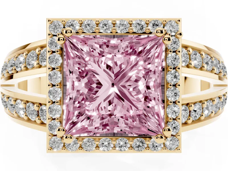 Princess Cut Halo Engagement Ring Setting for a Fancy Pink Lab-Grown Diamond | Two-Row Pave Split Shank | Yellow Gold