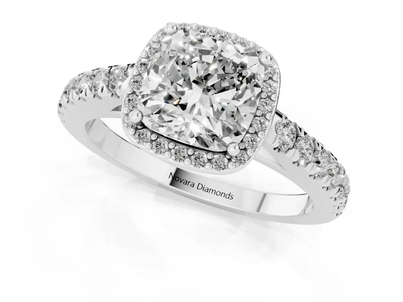 Cushion Cut Diamond Halo Engagement Ring Set in White gold with Pavé Band and Prong Setting