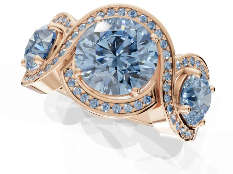 Round Three Stone Halo Engagement Ring Setting for a Fancy Blue Lab-Grown Diamond | Pavé Wave Band | Rose Gold