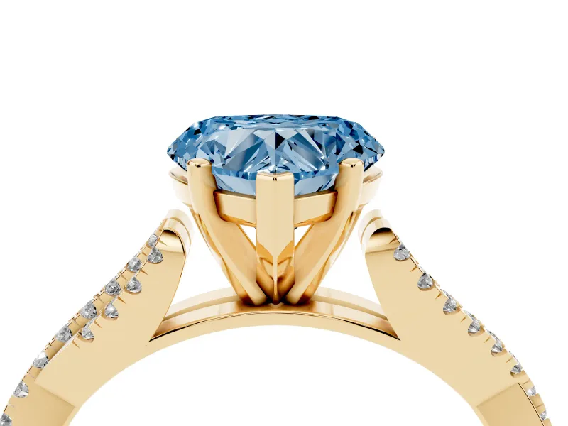 Fancy Blue Heart Cut Diamond Solitaire Engagement Ring Set in Yellow gold with Twisted Pavé Band and Prong Setting