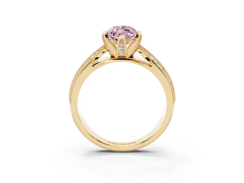 Fancy Pink Marquise Cut Diamond Solitaire Ring Set in Yellow gold with Milgrain Double Row Round Pavé Band