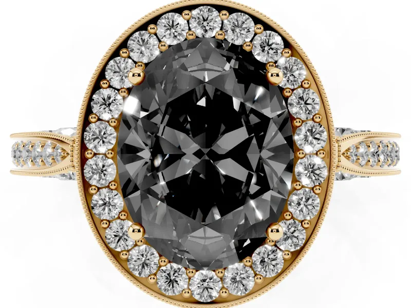 Oval Milgrain Halo Engagement Ring Setting for a Black Center | Side Stones | Yellow Gold