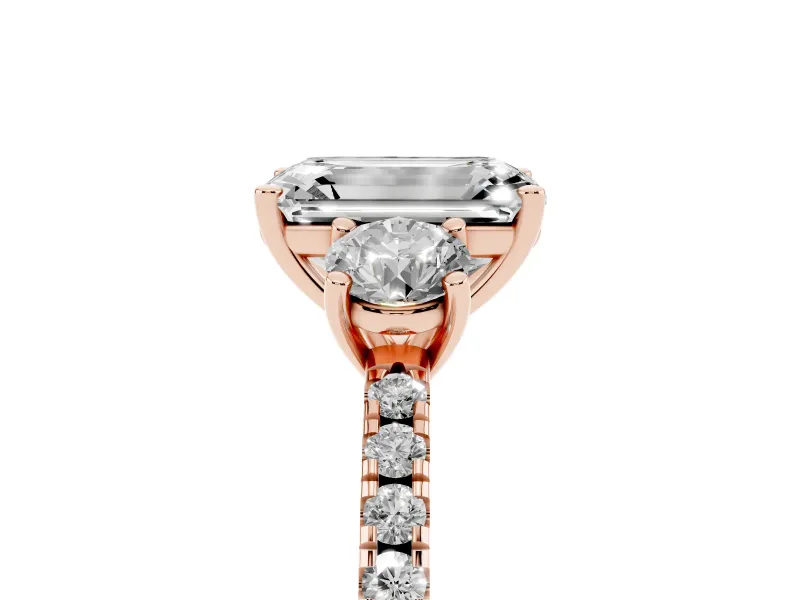 Emerald Cut Three Stone Engagement Ring Setting | Pave Shoulders | Rose Gold
