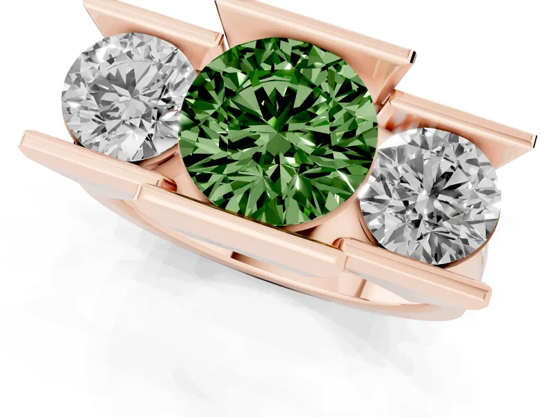 Fancy Green Round Cut Diamond Three-Stone Channel Set Ring Set in Rose gold with Smooth Polished Band