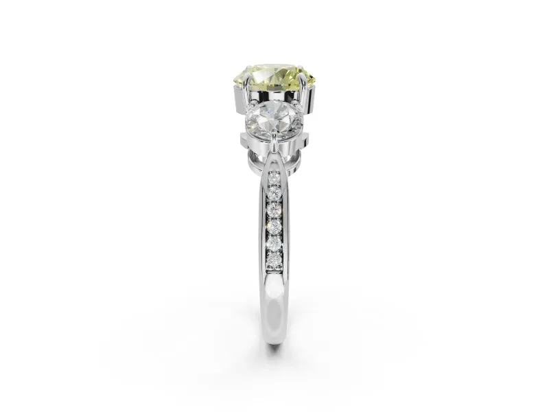 Round Three Stone Engagement Ring Setting for a Fancy Yellow Lab-Grown Diamond | Tapered Pave Band | White Gold