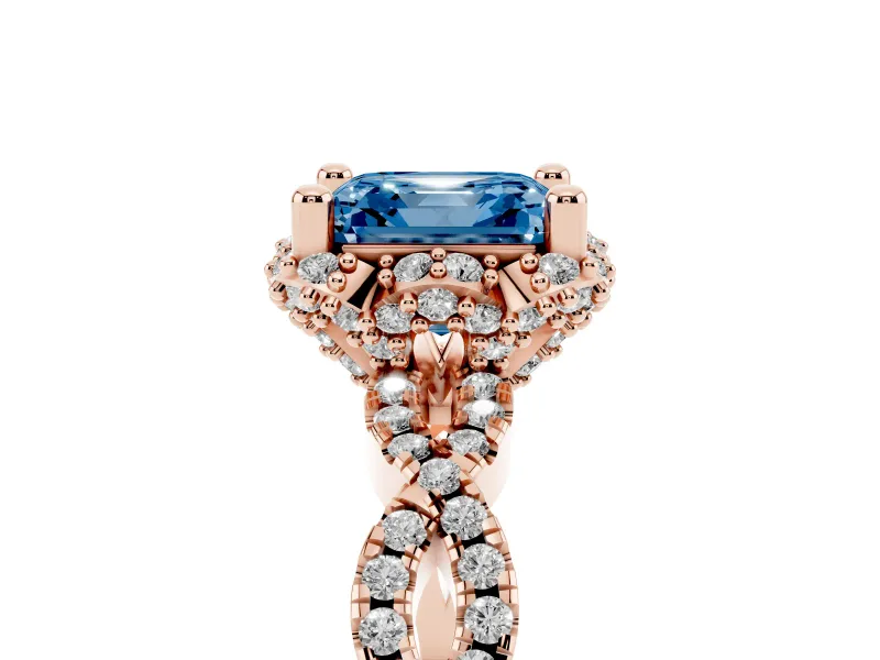 Fancy Blue Asscher Cut Diamond Halo Twist Band Solitaire Ring Set in Rose gold with Prong-Set Center Stone