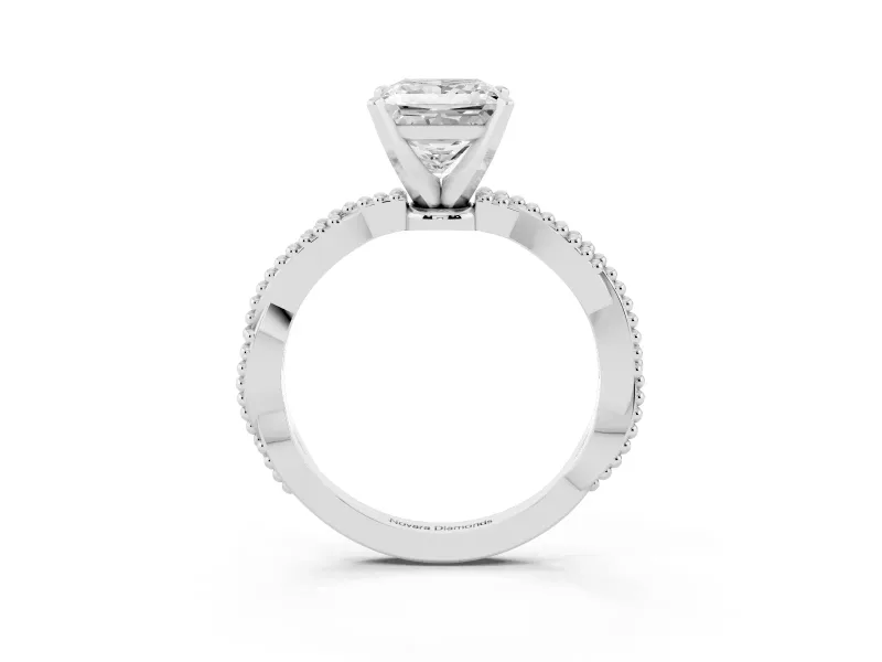 Princess Cut Diamond Solitaire Ring Set in White gold with Twisted Band and Bead Prong Setting