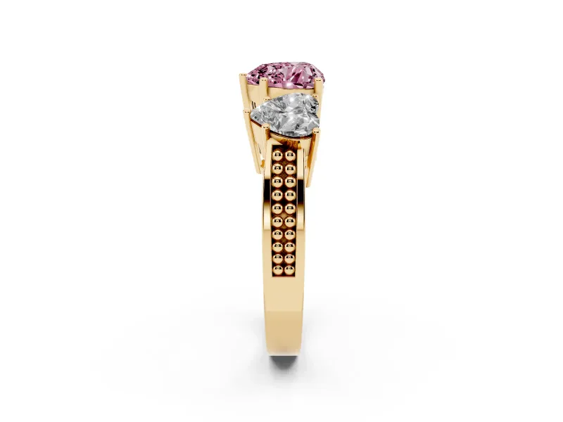 Heart-Shaped Three Stone Engagement Ring Setting for a Fancy Pink Lab-Grown Diamond | Beaded Shoulders | Yellow Gold