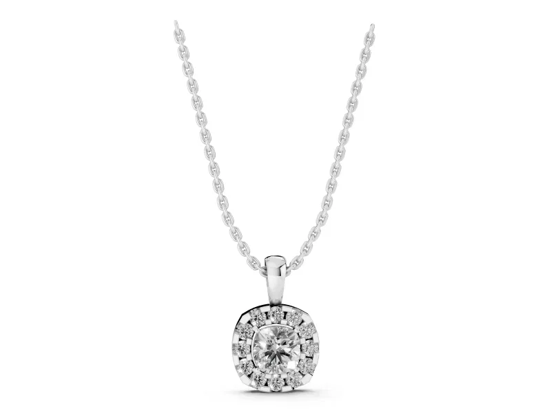 Cushion Cut Lab-Grown Diamond Halo Pendant Necklace | Polished Bail | White Gold
