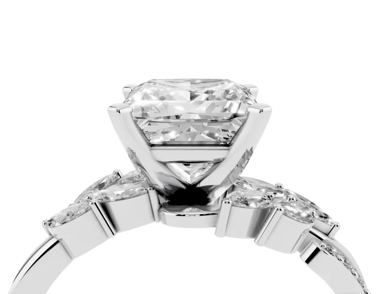 Princess Cut Floral Engagement Ring Setting | Marquise Side Stones | White Gold
