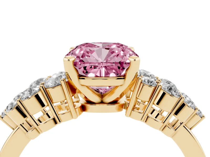 Fancy Pink Cushion Cut Diamond Cluster Engagement Ring Set in Yellow gold with Pavé Band and Prong Setting