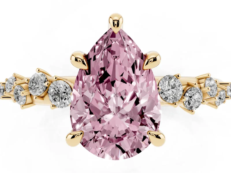 Fancy Pink Pear Cut Diamond Solitaire Vine Band Ring Set in Yellow gold with Round Accents and Prong Setting