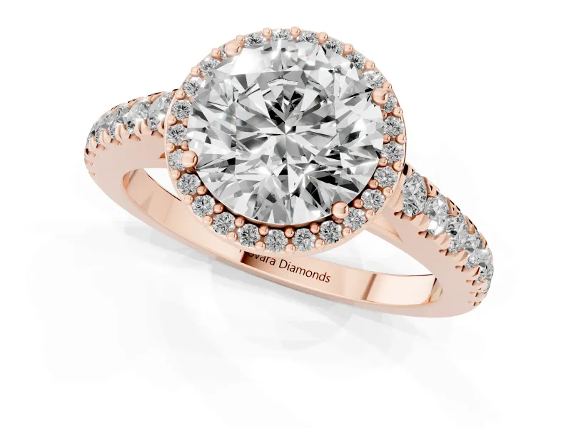 Round Cut Diamond Halo Engagement Ring Set in Rose gold with Pavé Band and Prong Setting