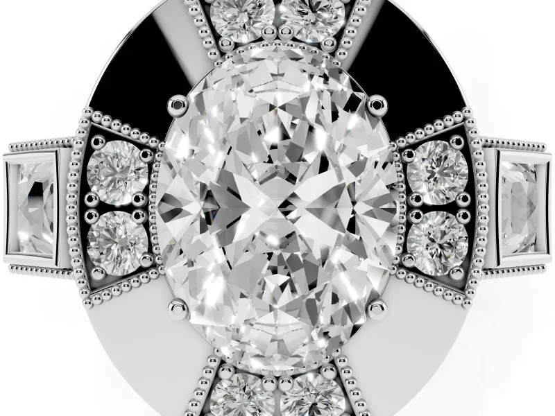 Oval Cut Diamond Milgrain Halo Ring Set in Silver with Split Shank