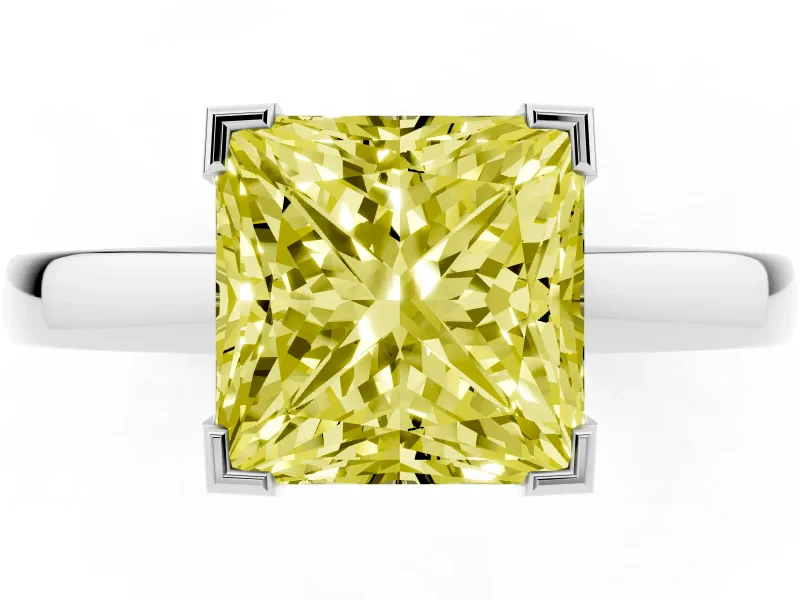 Fancy Yellow Princess Cut Diamond Solitaire Ring Set in White gold with Prong Head and Smooth Polished Band